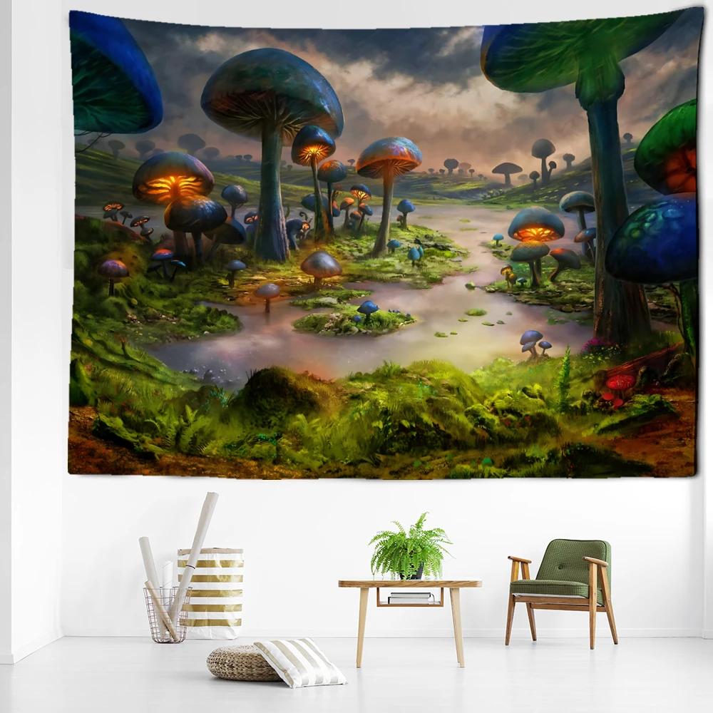 Mistig Paddenstoelenbos Wandkleed Muurdecoratie Fantasie Kunst Abstract Mysterieus Boheems Woonkamer Huisdecoratie