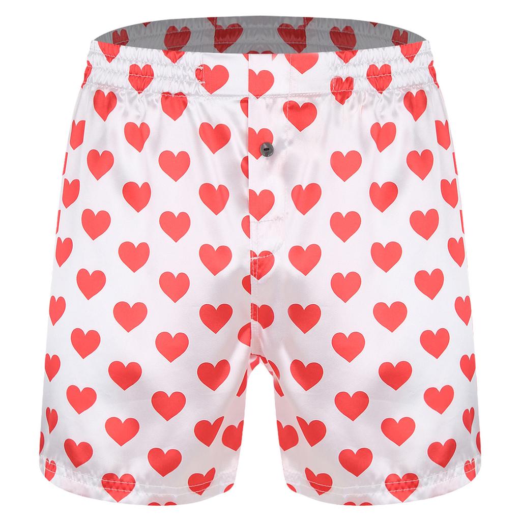 Mens Love Heart Print Soft Boxer Shorts Lightweight Loose Sports Short Pants Sleepwear Beachwear