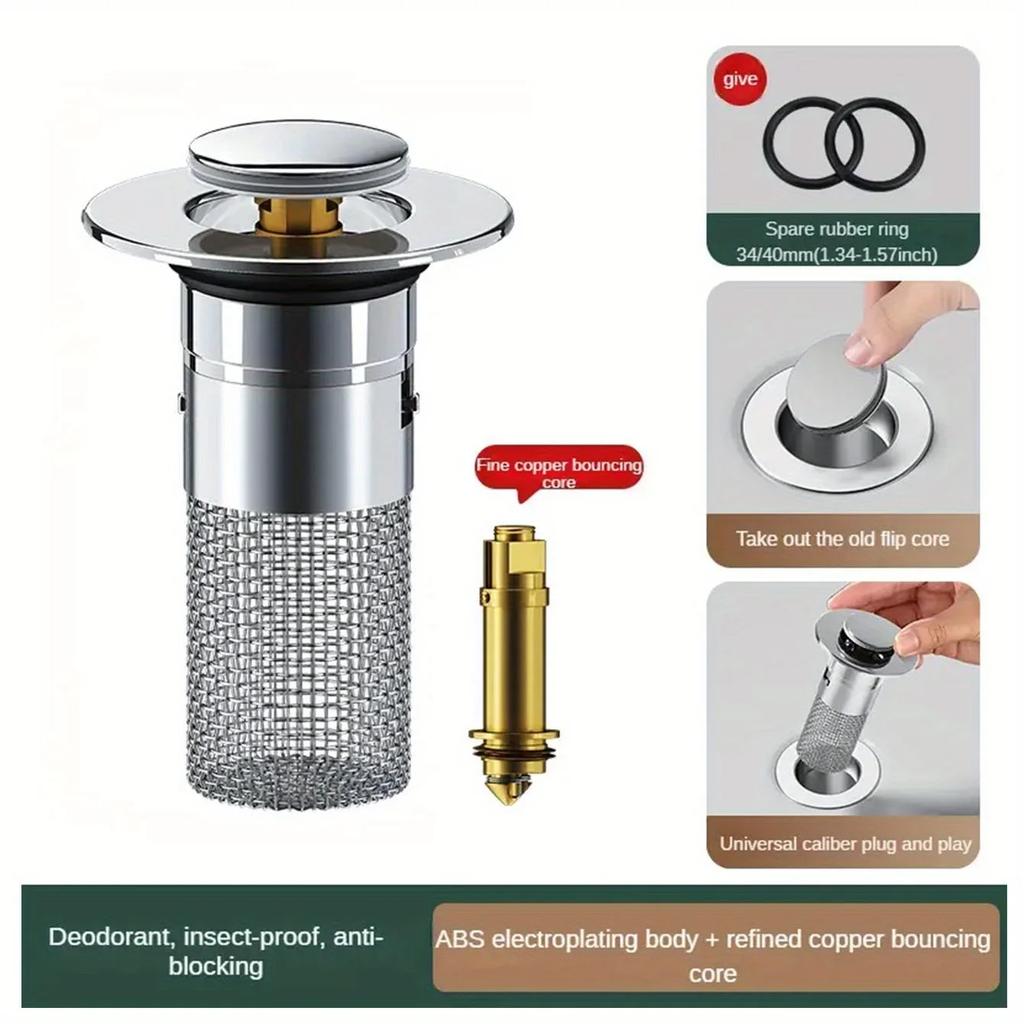 Bodenablauffilter aus Edelstahl, Waschbeckenstöpsel, Anti-Geruch, Pop-Up-Bounce-Core-Beckenstopper, Haarfänger, Duschspülbeckensieb