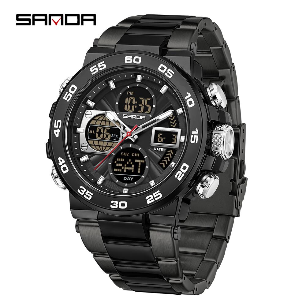 SANDA 6312 New Steel Strip Sports Watch Dual Display Dual Movement 5ATM Waterproof Multi functional Men's Electronic Watch-1