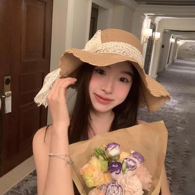 Straw Hat Big Cover Hat Summer New Sunscreen Sun Hat Sweet Bucket Hat Breathable Lace Bow Grass
