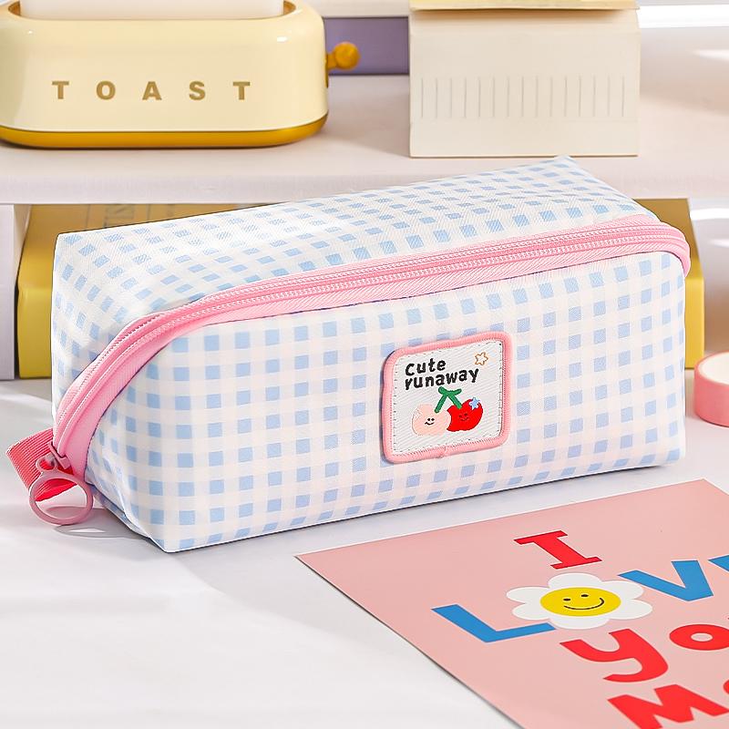 Plaid & Prism Square Pencil Case Pen Bag Cute Dog Korean Style Lattice Multi Pocket Storage Pouch for Stationery