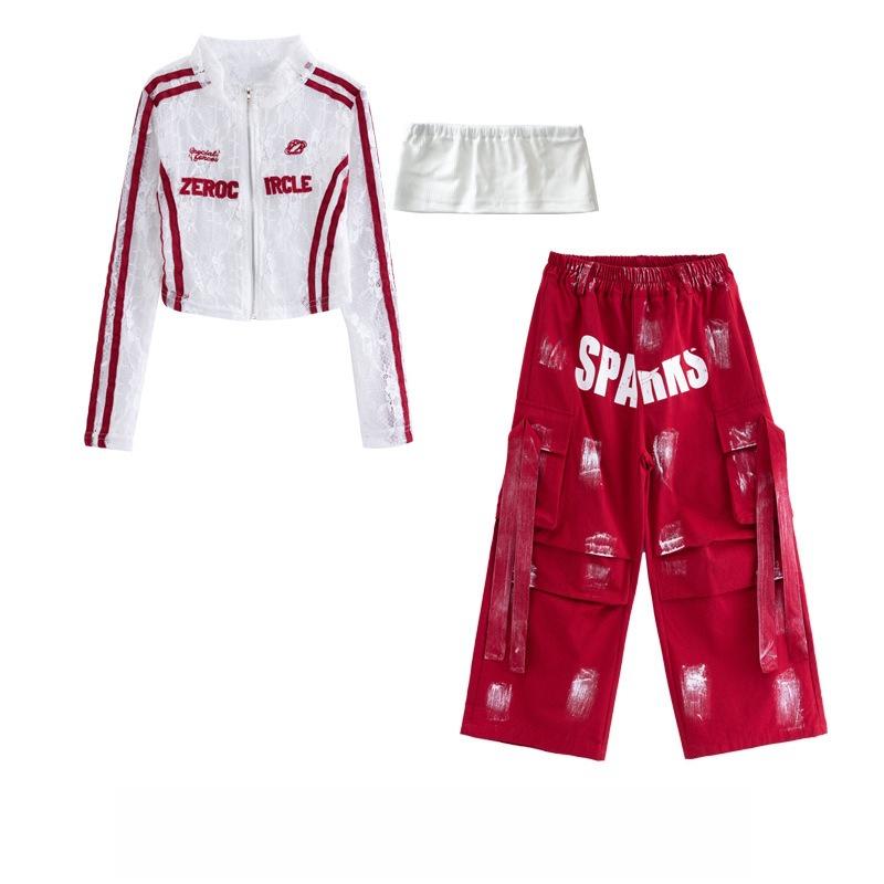 Girls Hip Hop Mesh Crop Jacket Paint-Speckled Cargo Pants Costumes Kids Streetwear Children Jazz Girl Group K-pop Clothes Sets