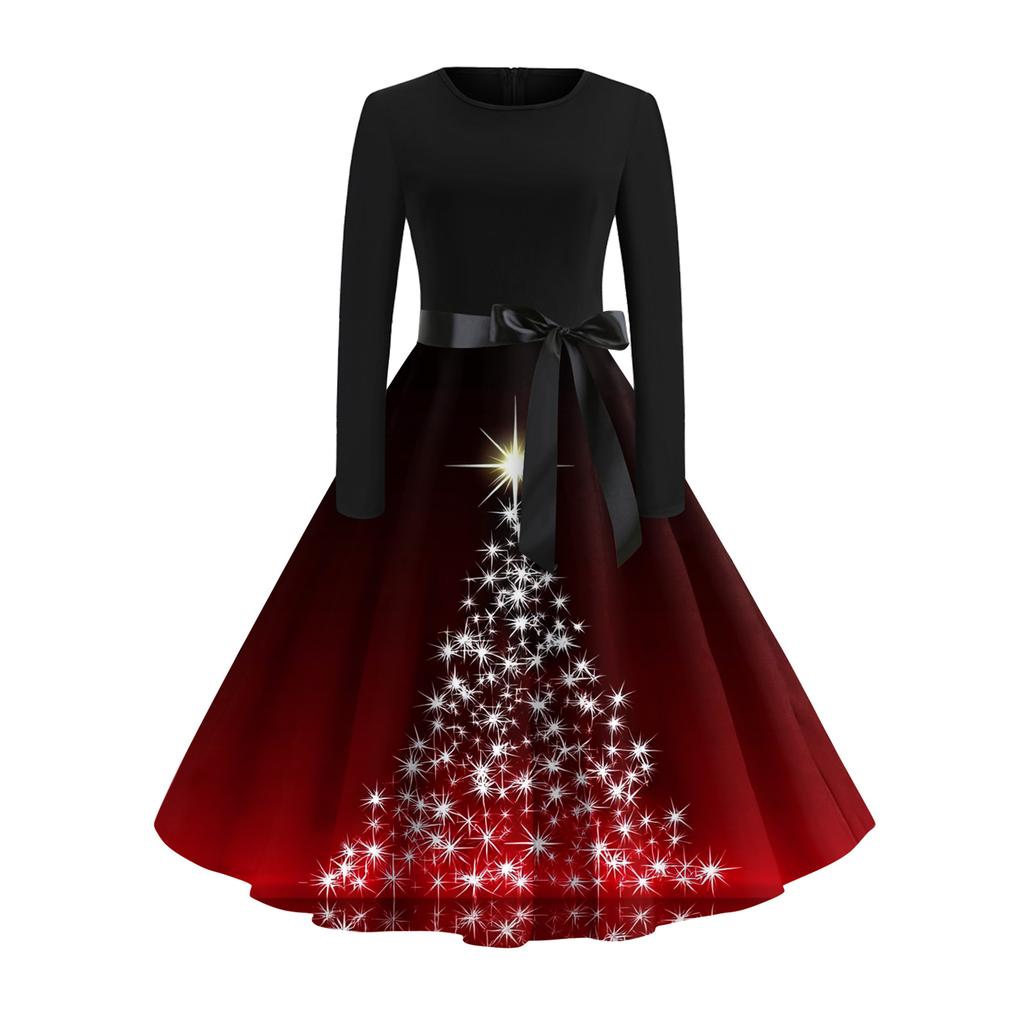 Women's Fashionable And Elegant Autmn And Winter Long-sleeved Christmas Tree Print Dress