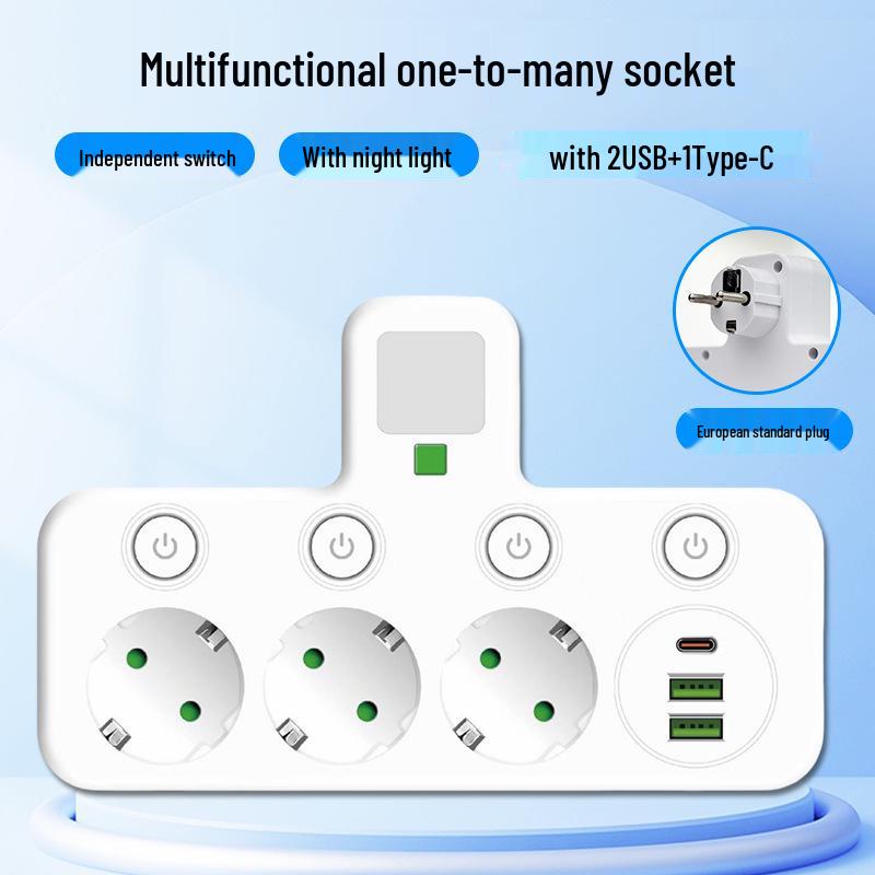 Tomada Europeia 16A 3-em-1 com Interruptor Individual e Luz Noturna, Certificado CE Adaptador Francês/Europeu