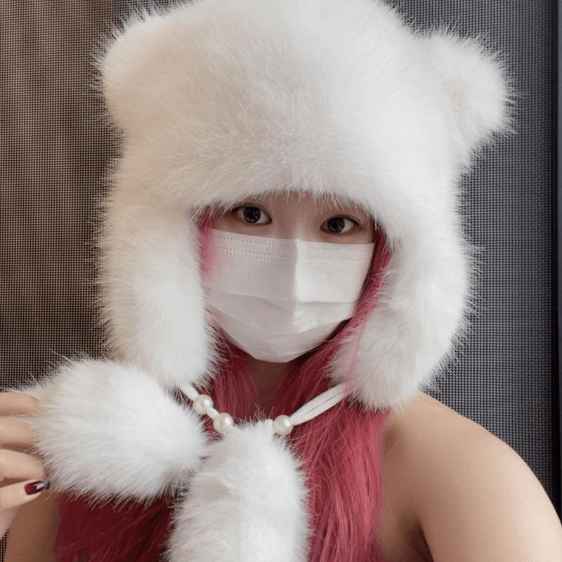 Teens Keep Warm Bear Ear Shape Hat Winter Driving Trapper Hat for Sweet Girls
