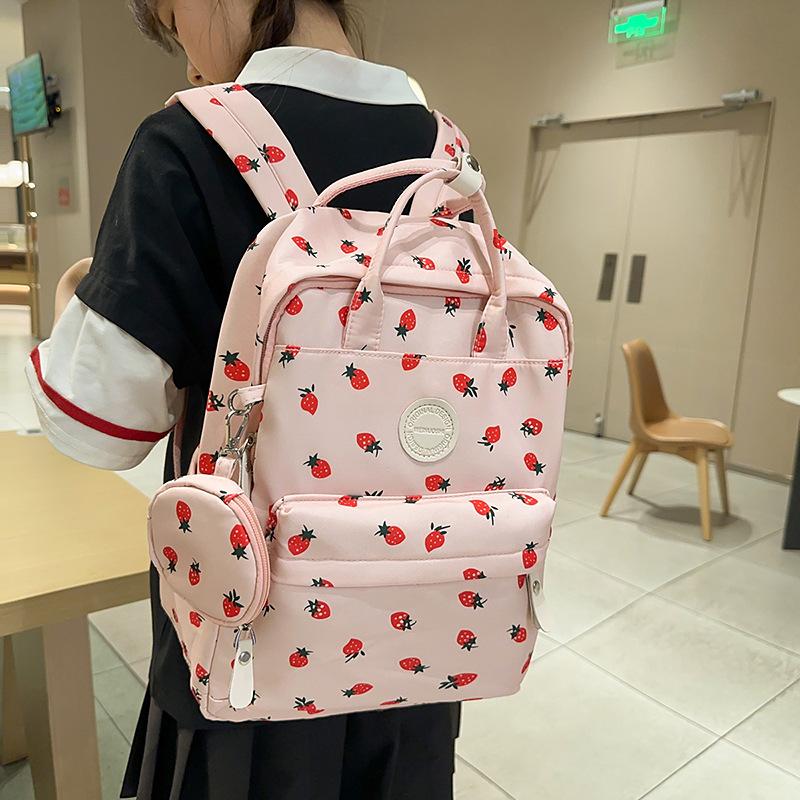 New backpack small backpack girls' elementary school junior high and high school student school bag nylon cute strawberry print backpack girl
