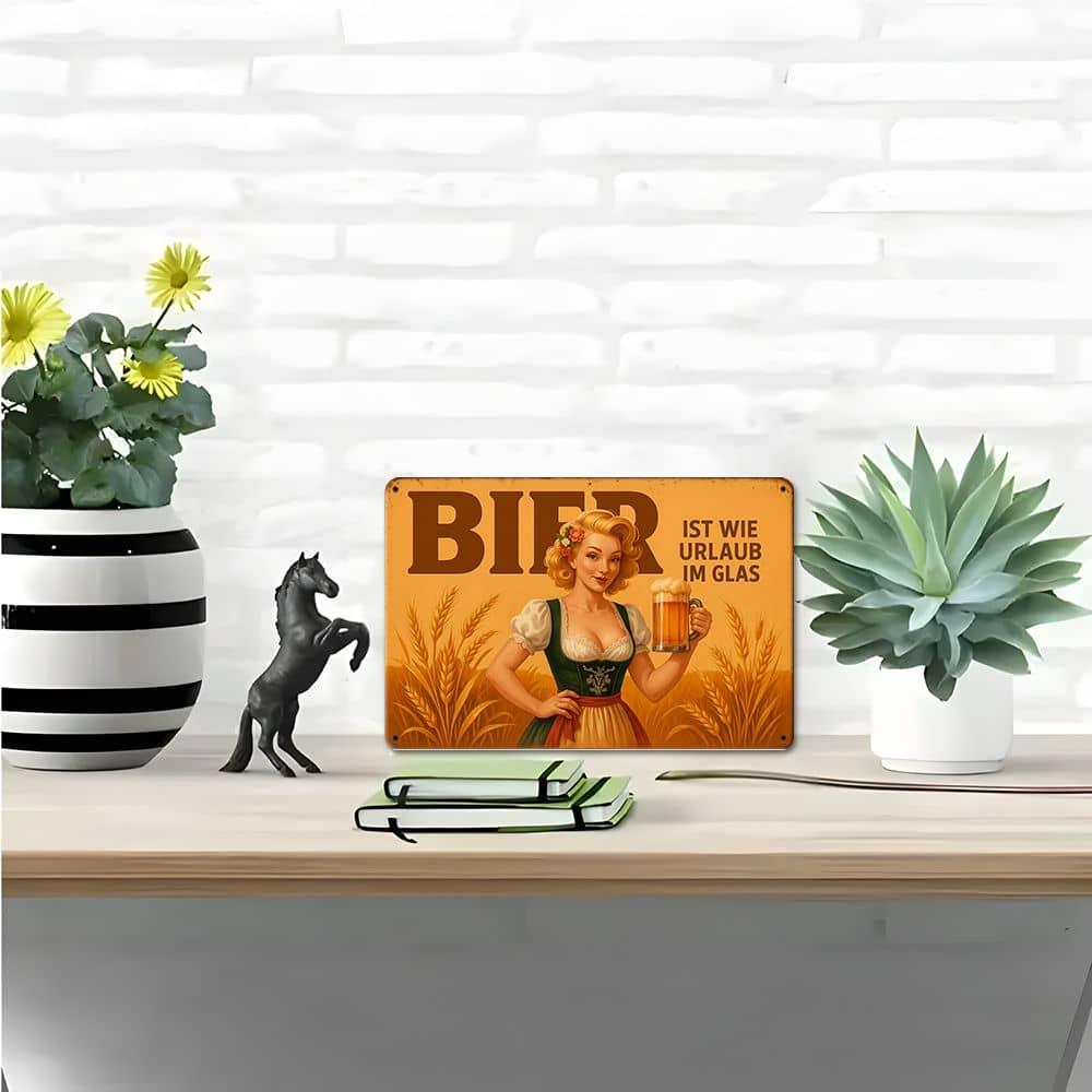 German Beer Poster Sign - "Bier ist wie Urlaub im Glas" 30x20cm Aluminum Decor for Bars & Home Breweries