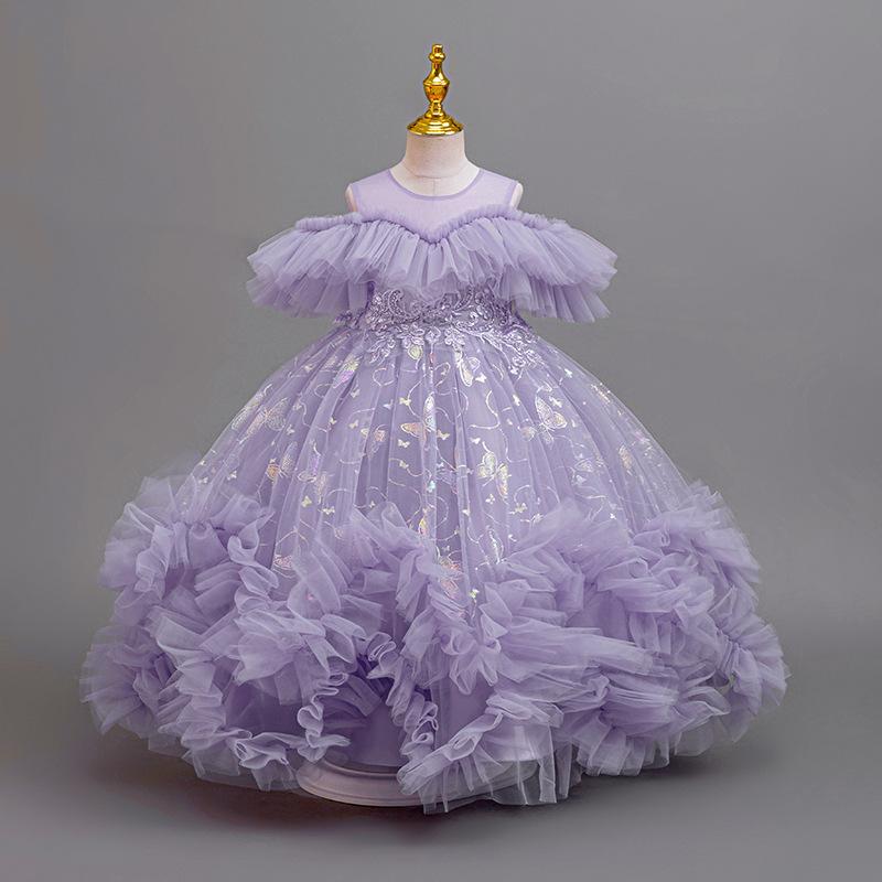 Girls' One-Shoulder Princess Dress with Mesh Puff Skirt – Formal Flower Girl Birthday Dance Costume