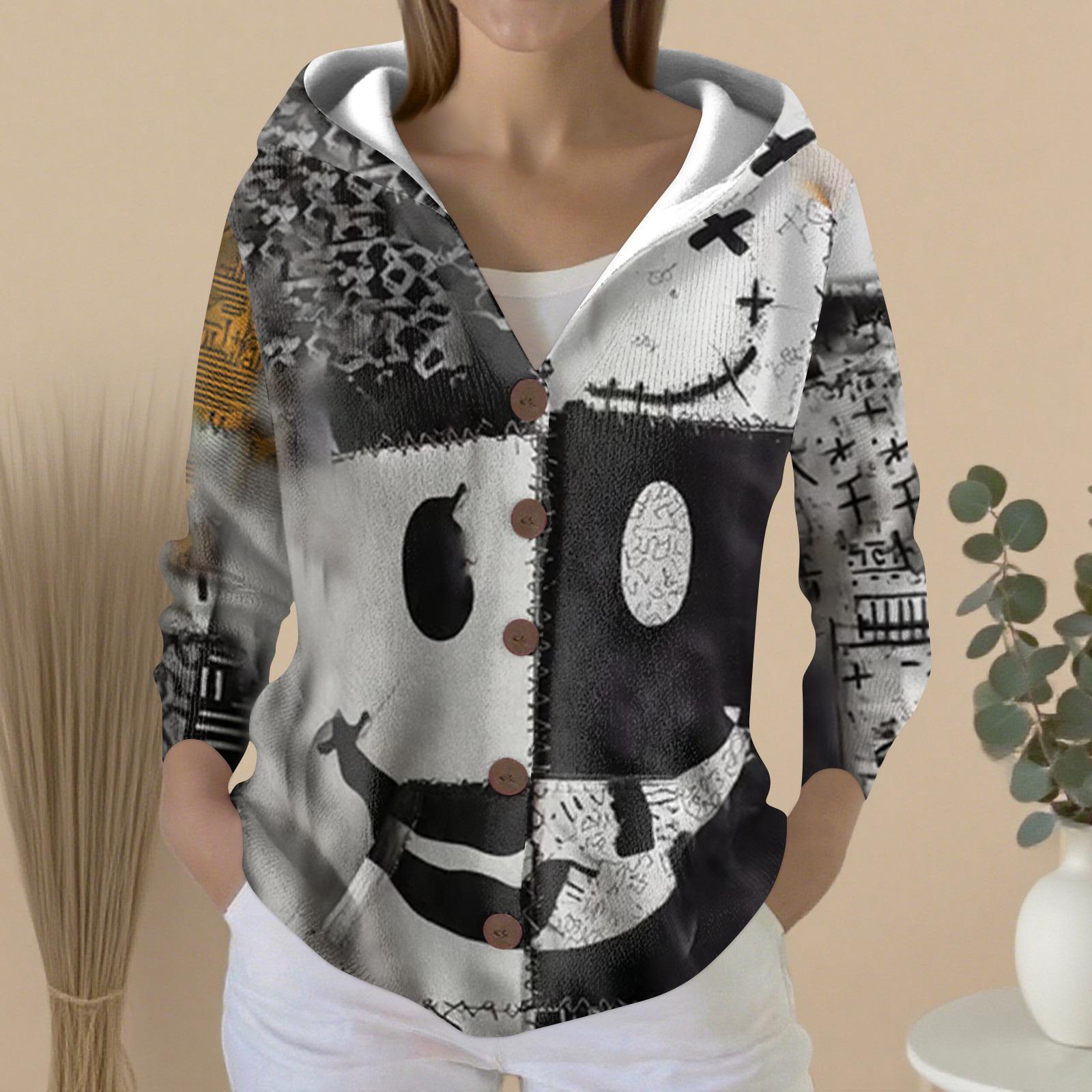 

Женский модный повседневный свитер на пуговицах с принтом, кардиган, куртка с капюшоном L