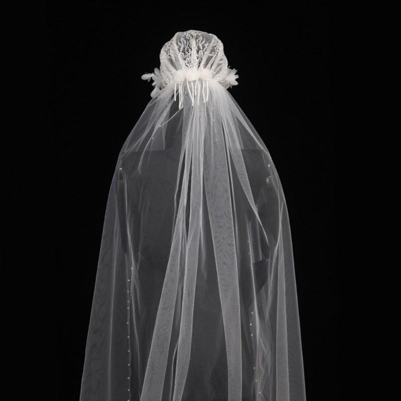 Pearl Beaded Bride Long Veil with Flower Applique Veil Photography Sheer Tulles