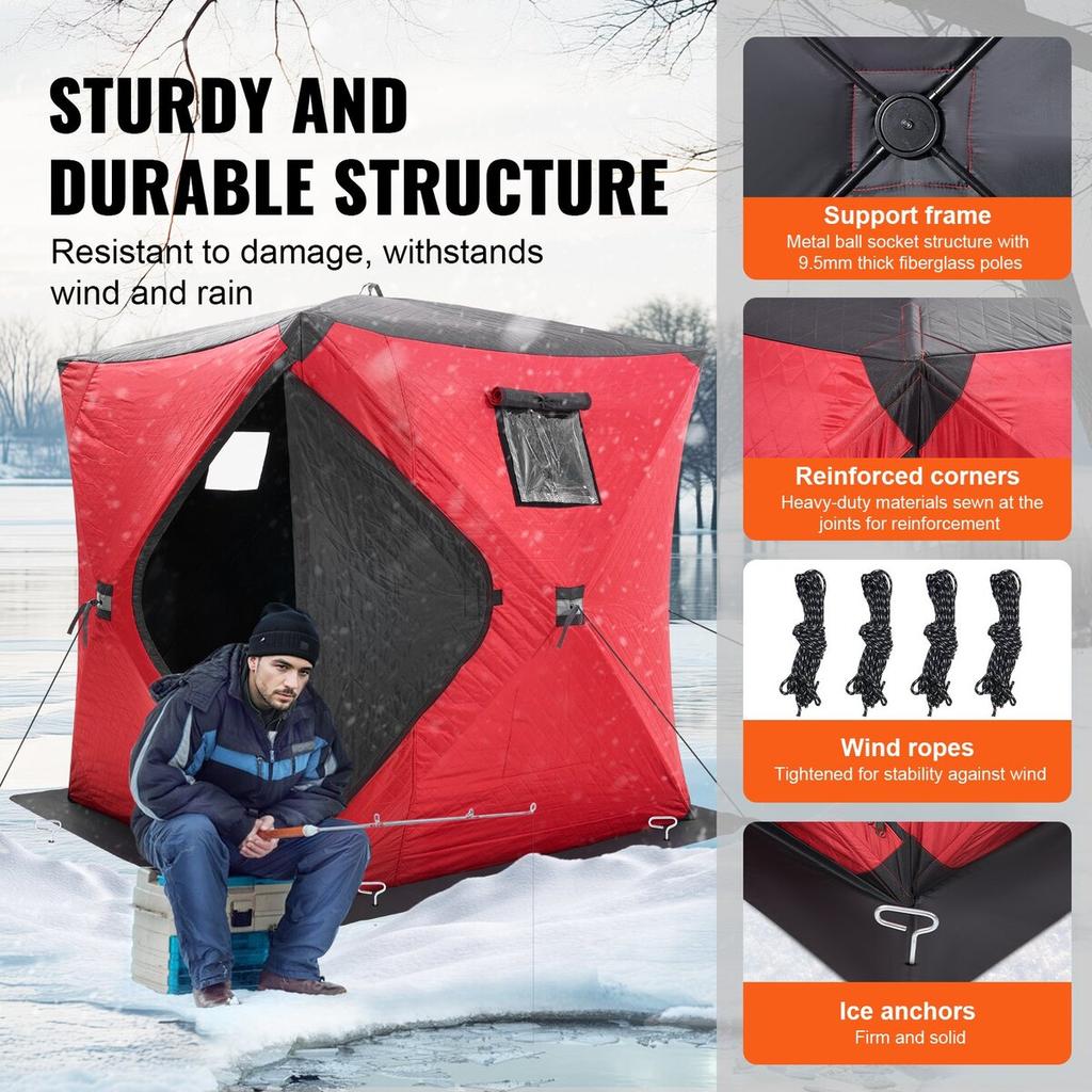 Portable Ice Shelter, 3-4 Person Insulated Pop-Up Ice Fishing Tent, 35 Square Feet Fishable Area, Thermal Ice Shanty for Winter Fishing, Ice Cube with