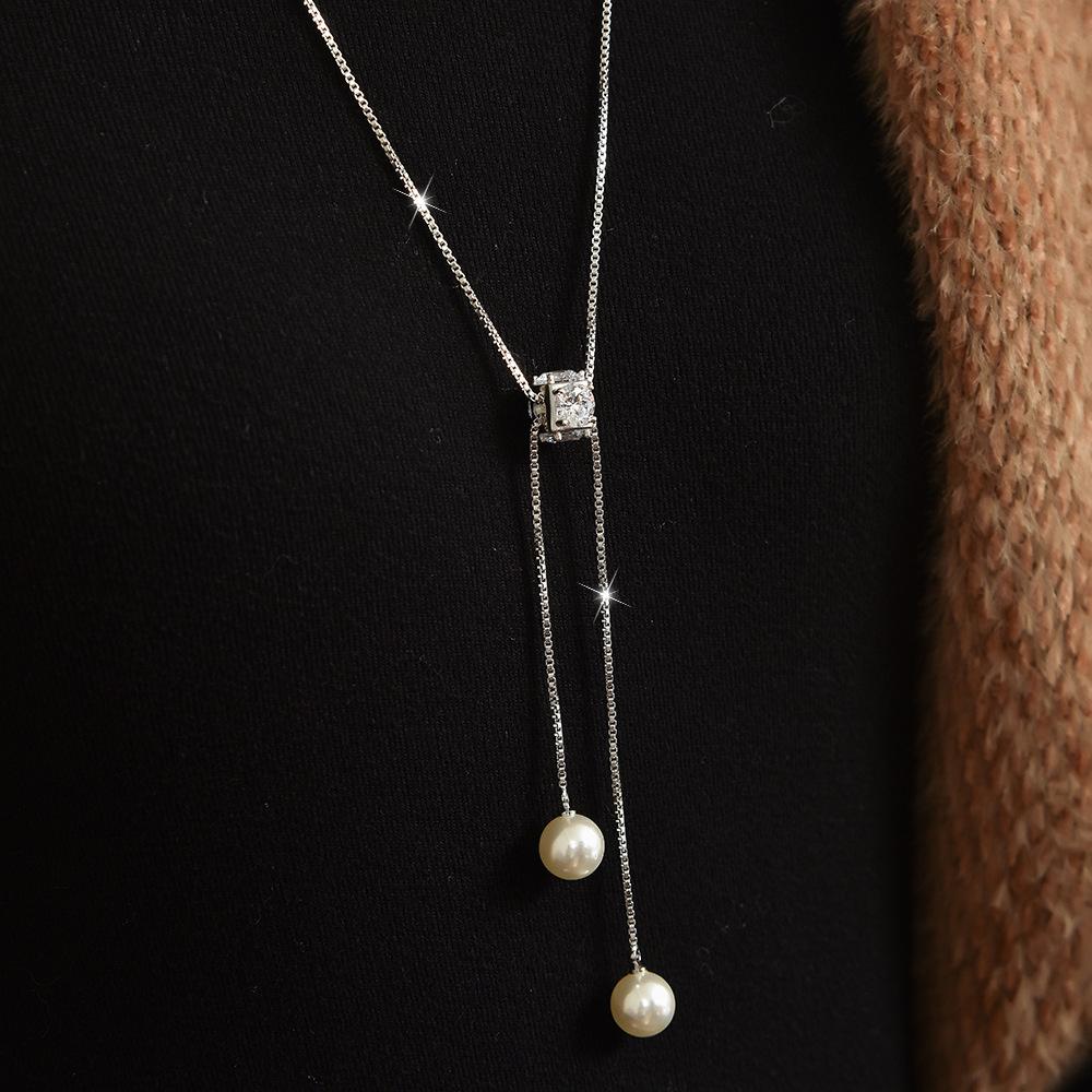 Autumn And Winter Fashionable Simple Long Fringed Necklace Women'S Pearl Zircon Rubik'S Cube Sweater Chain Autumn And Winter Versatile