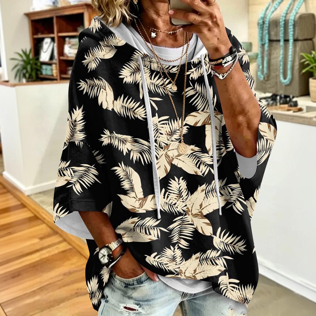 Women's Vintage Floral Print Drawstring Hoodie Loose Fit Casual Sweatshirt Top