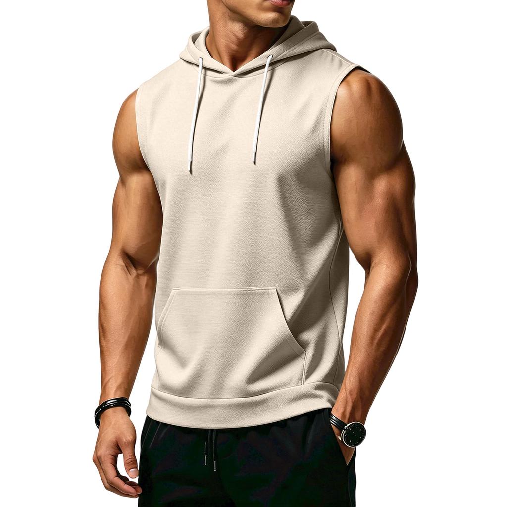 Men's Sleeveless Hoodie Casual Sportswear Muscle Fit Wide Shoulder Drawstring Hooded Pocket Tank Top