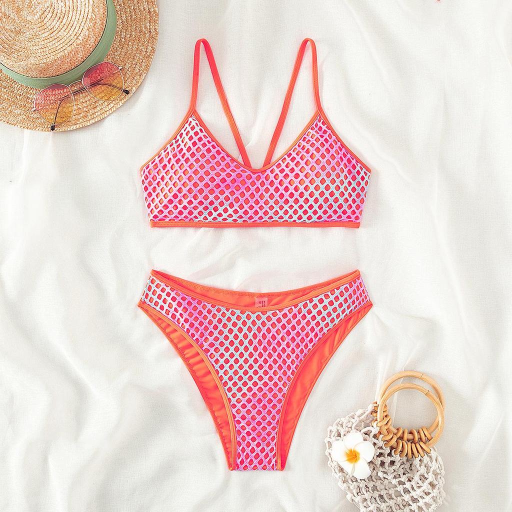 Damen Modischer Badeanzug mit hoher Taille und Netzstoff, femininer geteilter Bikini, Badeanzug mit Neckholder, Farbverlauf, Strandbikini