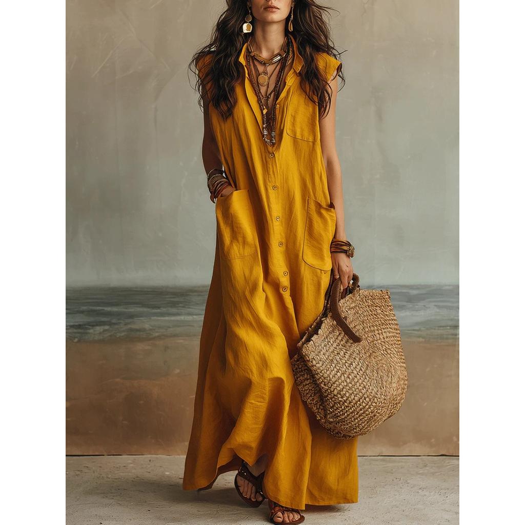 Rochie cămașă maxi pentru femei, cu guler ascuțit, fără mâneci, croială lejeră, uni, cu buzunar, stil boho, de vacanță, casual, lungă, de vară