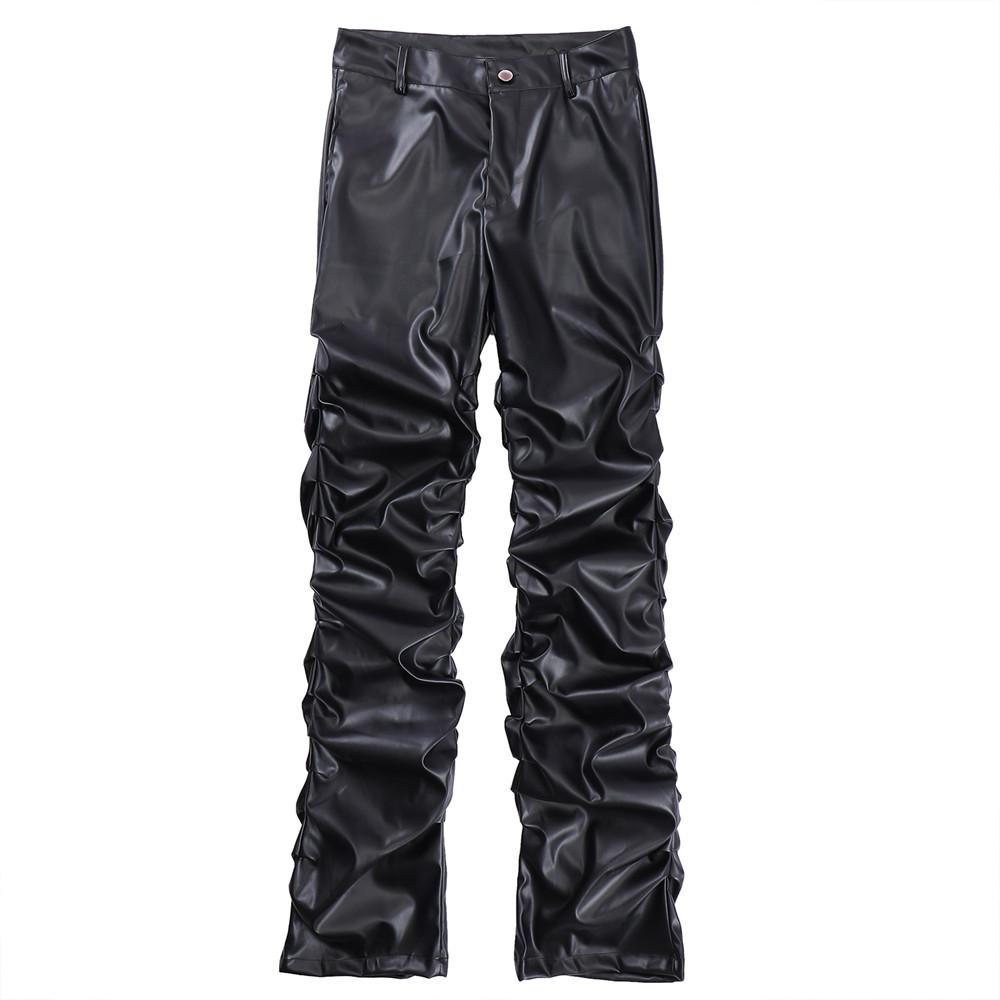 Punk Design Sense Pantaloni din piele PU plisați lucios Moda hip-hop pentru bărbați Pantaloni casual largi Pantaloni din piele