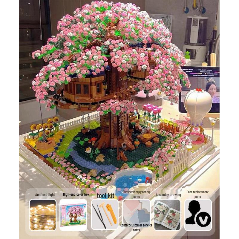 Cherry Blossom Treehouse Building Blocks - High Difficulty Princess Series for Girls' Birthdays.