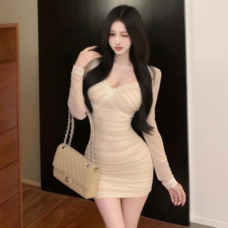 

Женское сексуальное кружевное плиссированное облегающее платье с длинным рукавом L абрикосовый