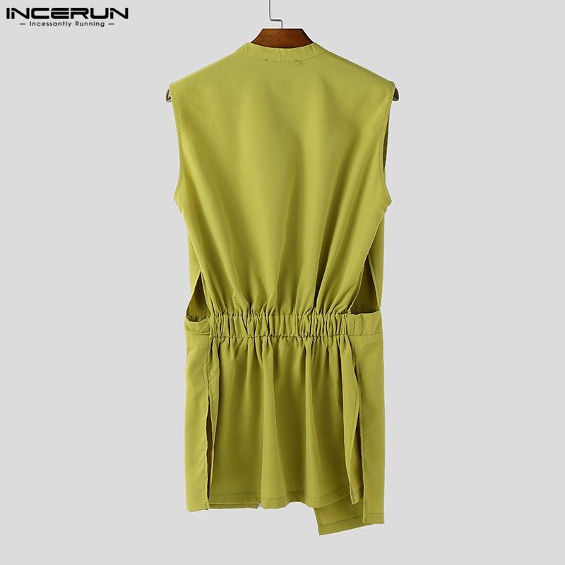 INCERUN Men Summer Buttons Stand Collar Sleeveless Cutout Casual Irregular Splits Tank Tops