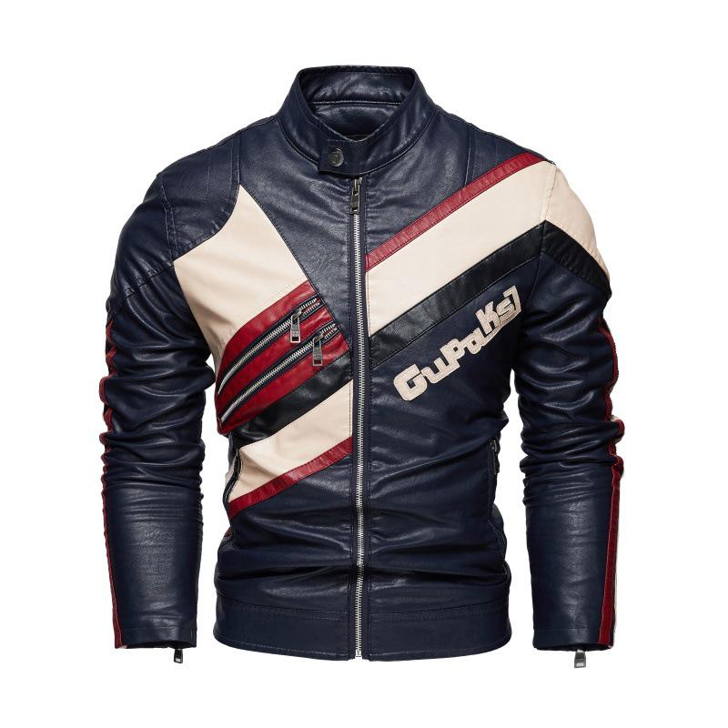 Men s Cross-Border Fashion Slim Fit Motorcycle Jacket with Patchwork & Zipper L темно-синий