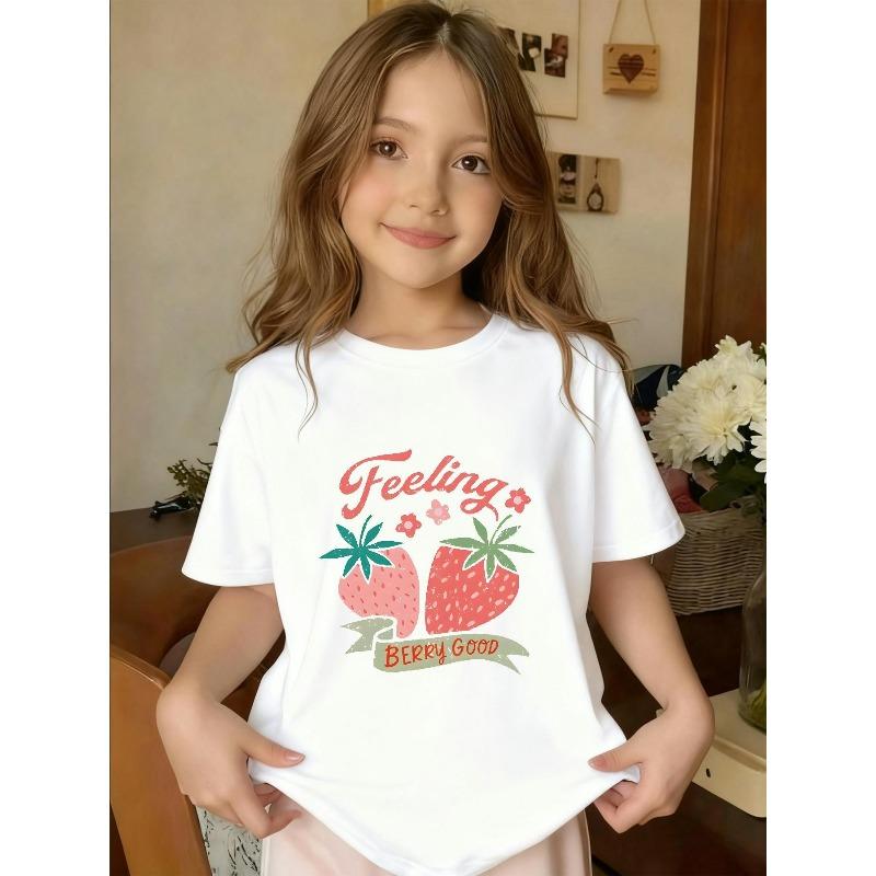 

European sizes Cute Cartoon Strawberry Print, Casual Short-sleeved T-shirt for Girls, Stylish and Comfortable, Perfect for Summer. 98cm белый