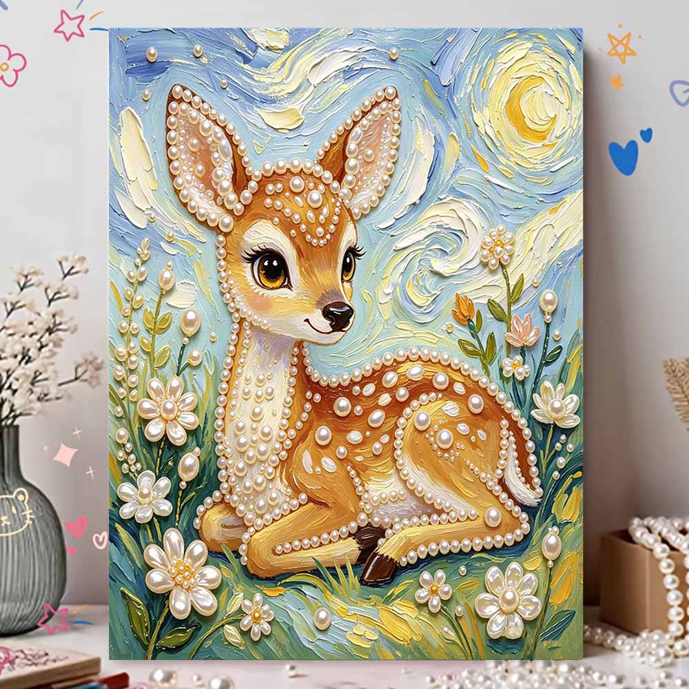 Frameless Pearl Painting Kit Cute Deer Pattern DIY 3D Bead Art Canvas Relaxing Handmade Craft for Adults Home Decor
