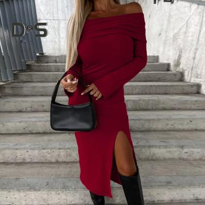 Women Autumn Winter Bodycon Dress Off Shoulder Long Sleeve Slit Hem Slim Fit Tight Party Midi Dress Solid Color Hip Wrapped Dress