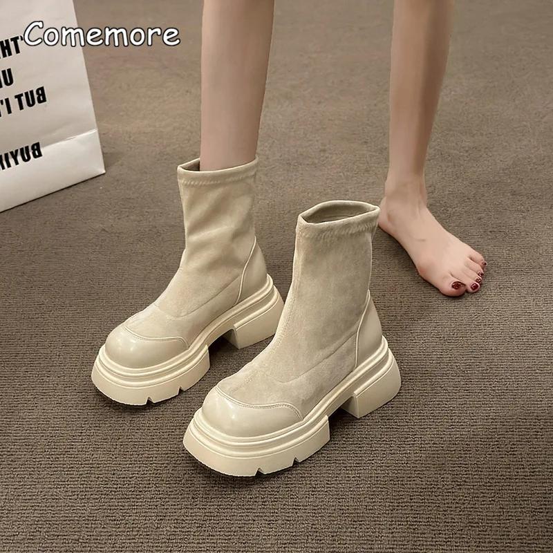 

popular Comemore popular Side Zippers Ladies Elegant Platform Thick Bottom Shoes Black Women s Short Boat Winter Woman Suede Ankle Boots