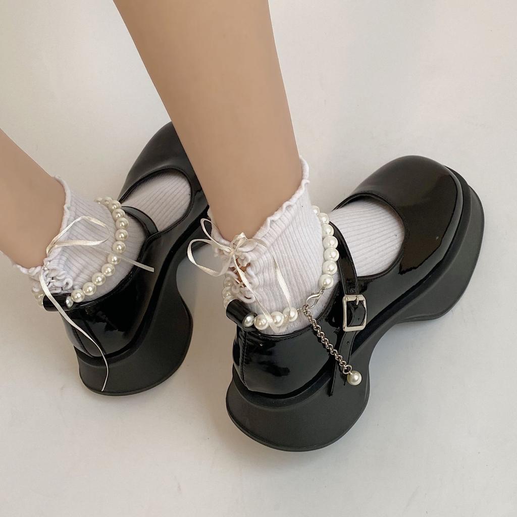 Square Toe Pearl Shoes Summer New Fashion All -Match Thick Bottom Heightened Small Pu Leather Shoes Mary Jane Women 'S Shoes