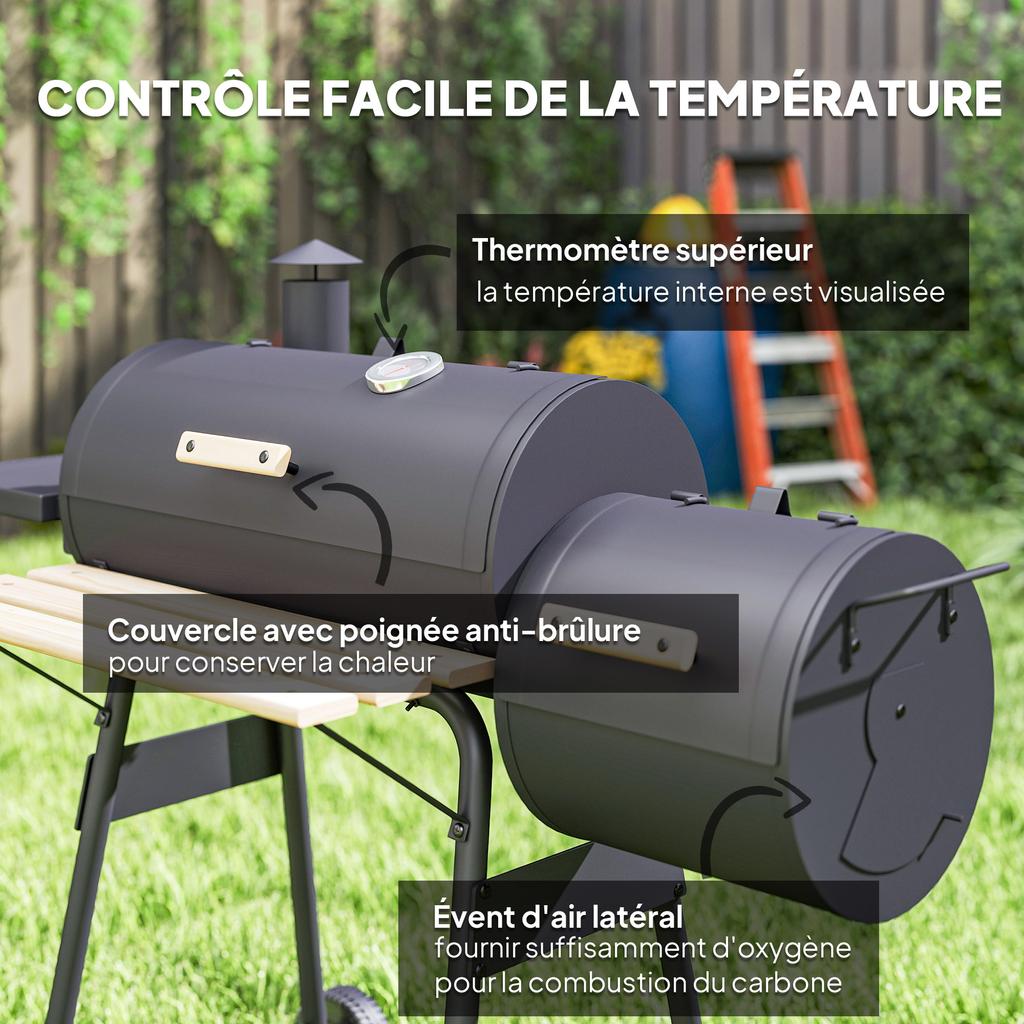 Portable Charcoal BBQ Grill, Cold-rolled Steel, Solid Wood, 104H X 124L x53W cm-Black