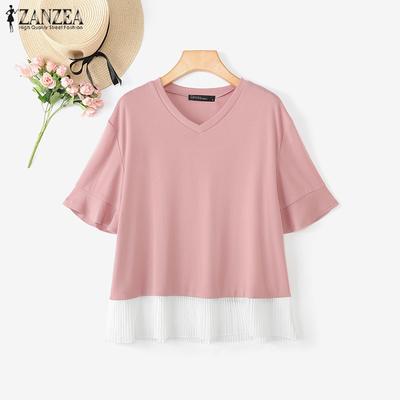 Women Summer Round Neck Casual Short Sleeve Patchwork T-Shirts