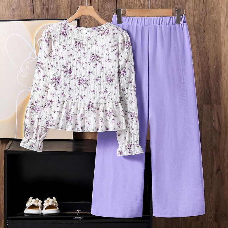 Girls' Outfit Children's Clothing New Autumn French Pastoral Floral Long Sleeve Top Casual Solid Color Long Pants