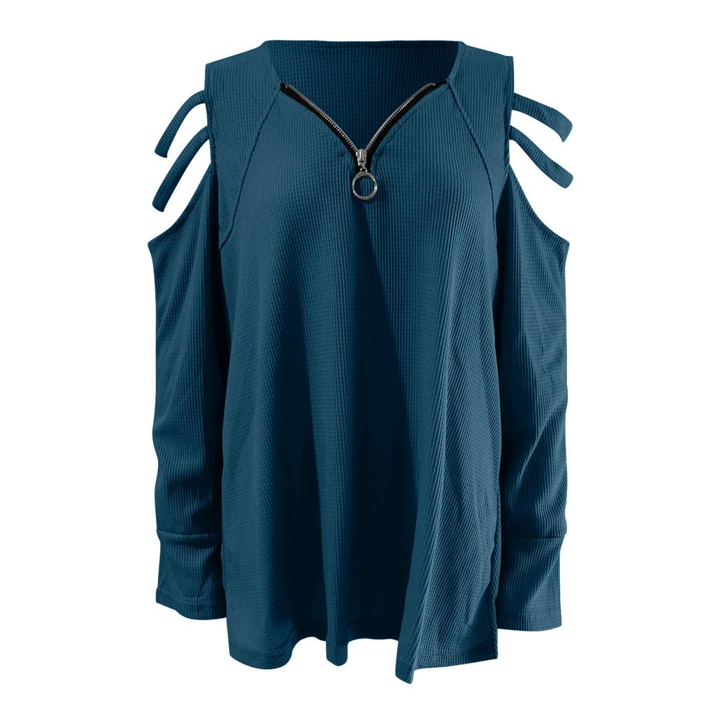 Women Sexy V-neck Collar Zipper Color Long Sleeve Fold Casual Blouse Tops