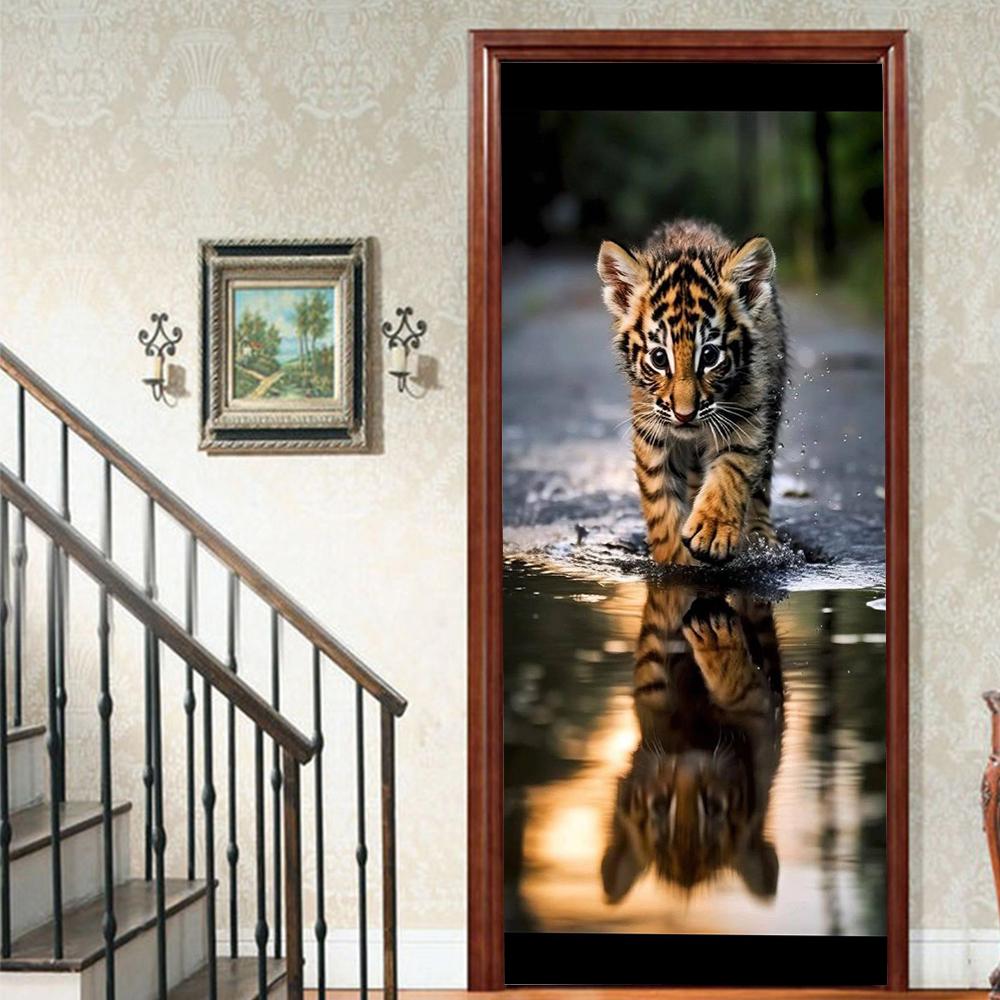 1 Stück Tiger Veranda Vinyl Türsticker Für Schlafzimmer Heimdeko Selbstklebend Abnehmbarer Wandaufkleber Türrenovierung Wasserdichtes Poster