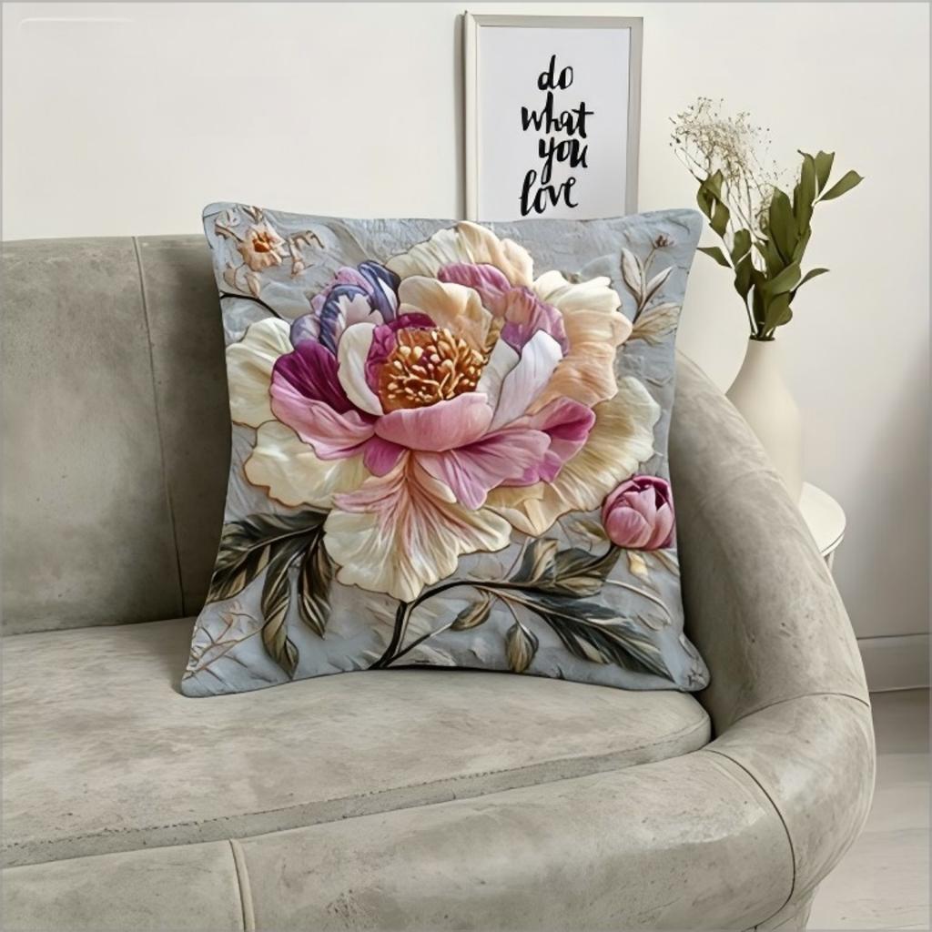Faux Embroidery Peony Throw Pillow Cover, 2D Effect Watercolor Floral Print Decorative Cushion For Living Room Bedroom Couch