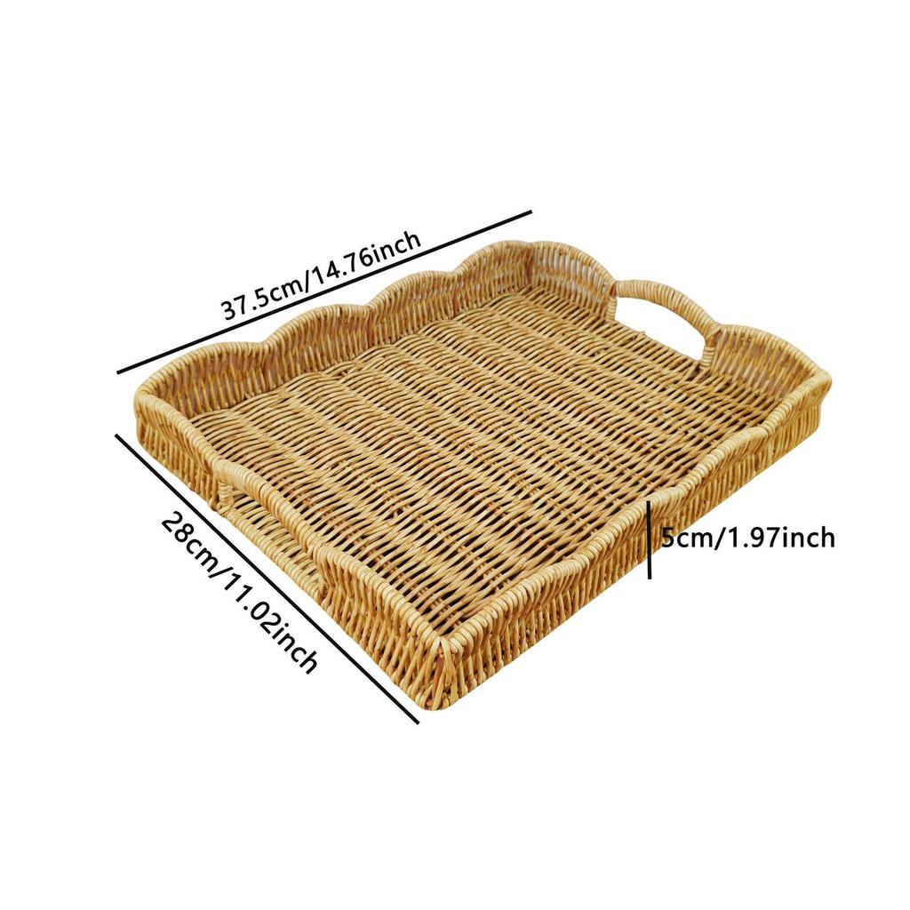 Japanese Wicker Bread Basket with Double Handles - Imitation Rattan Round Serving Tray with Lace