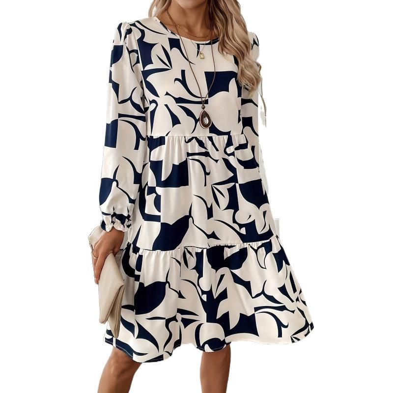 European and American Women's Mid-skirt Printed Round Neck Long-sleeved Commuter Dress