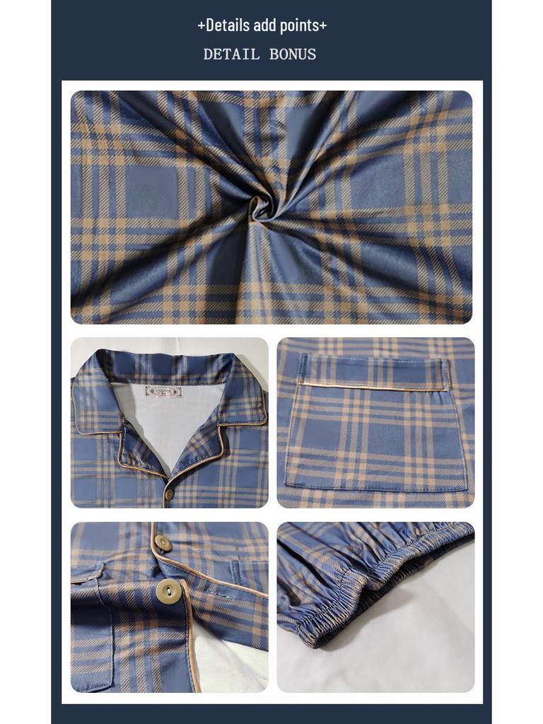 Men's Plus Size Long-Sleeve Plaid Cotton Pajamas for Spring & Autumn, Suitable for Outdoor Wear.