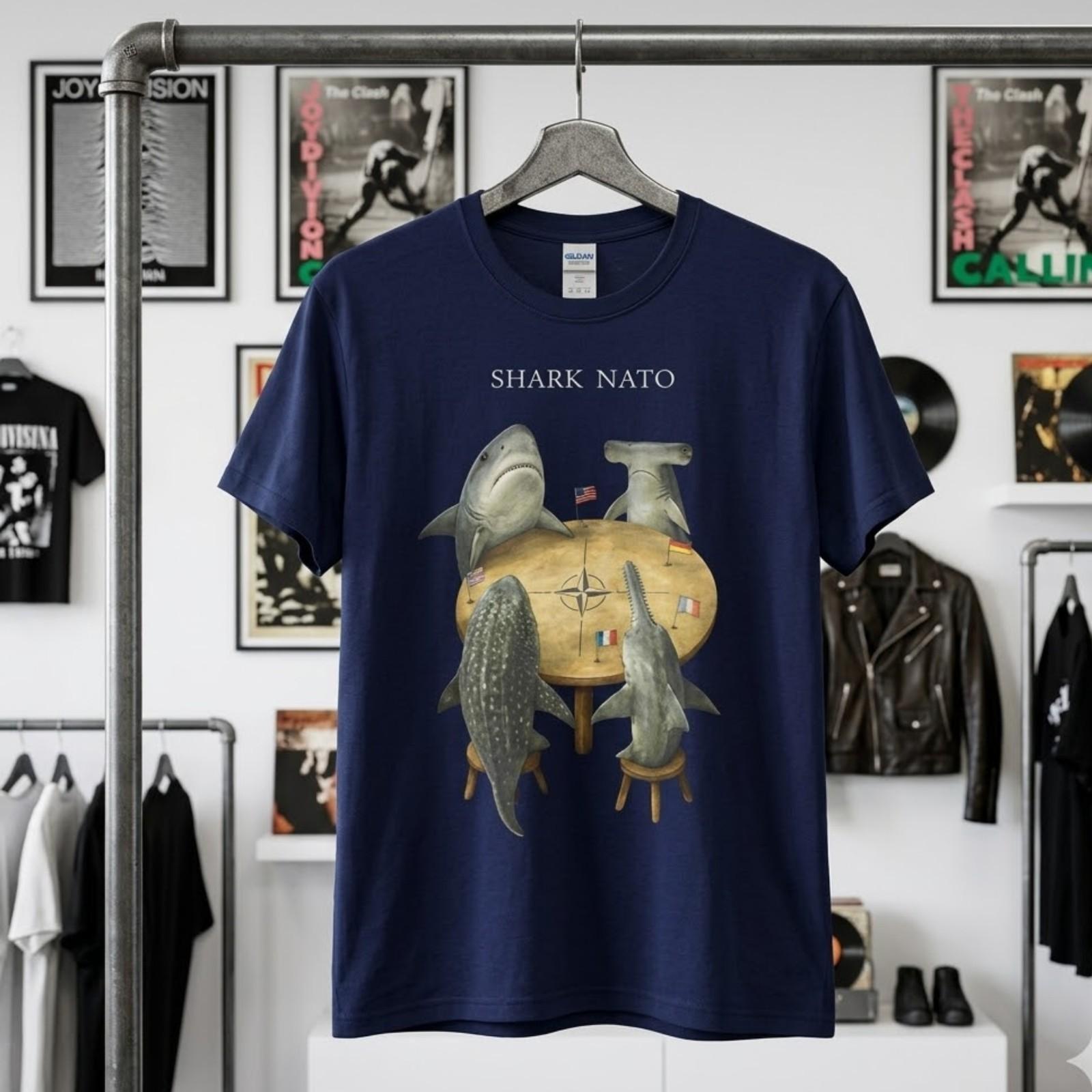 Shark Nato Funny Table Meeting Flags Pun Graphic Unisex Navy Blue S-5XL Unisex T-Shirt L