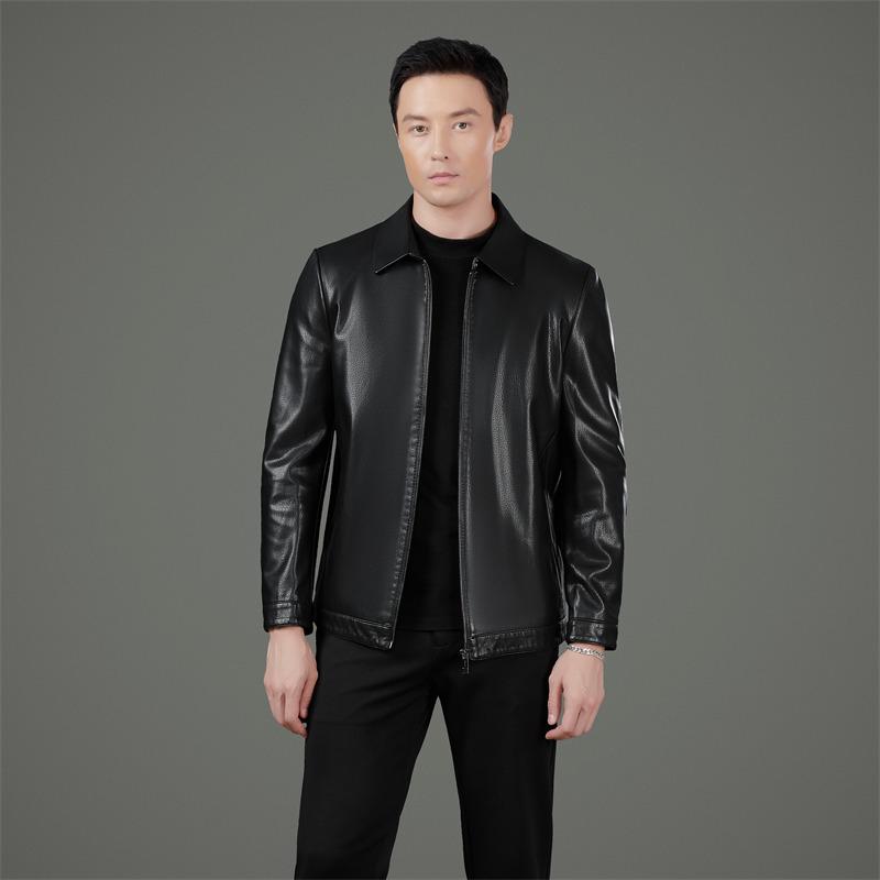 Men's Plus Size Genuine Leather Jacket - Spring/Autumn Middle-aged Casual Lapel Outerwear