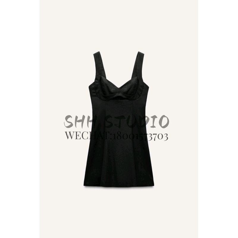 Spring New Arrival Linen Blend Strap Short Black Dress Women's Clothing Casual Elegant Dress 8651396