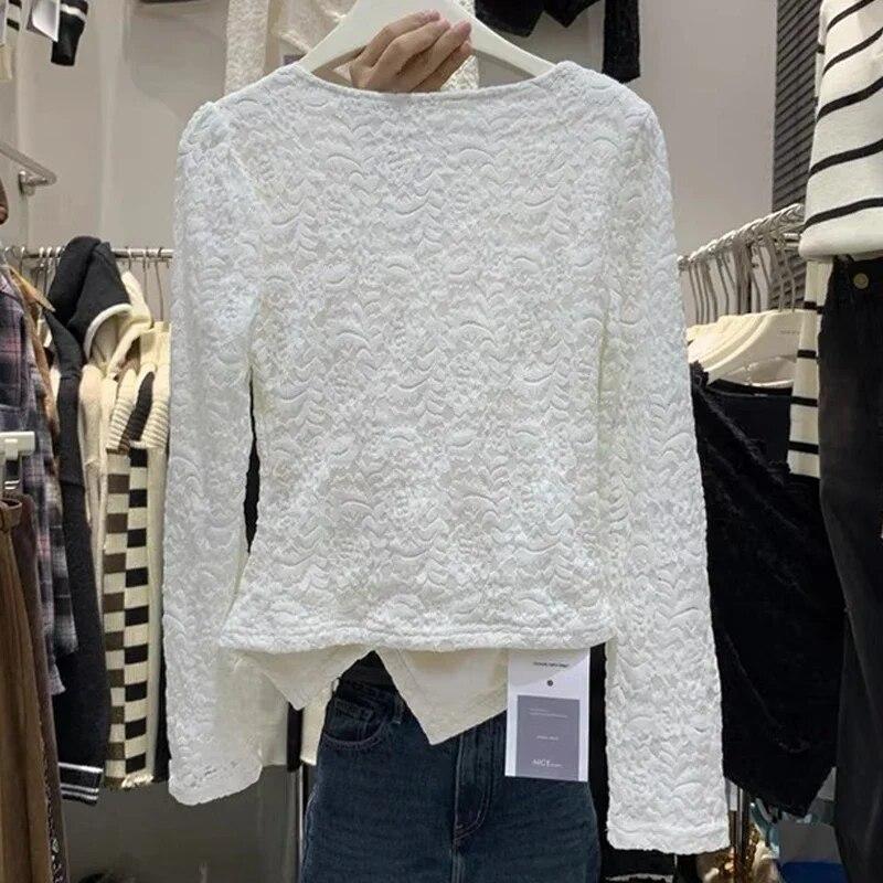 Dlouhý rukáv s výstřihem do V Vyšívaná krajková košile Ženy Korejská móda Tenká skládaná halenka Vintage Ležérní Háčkování Elegantní topy 30120