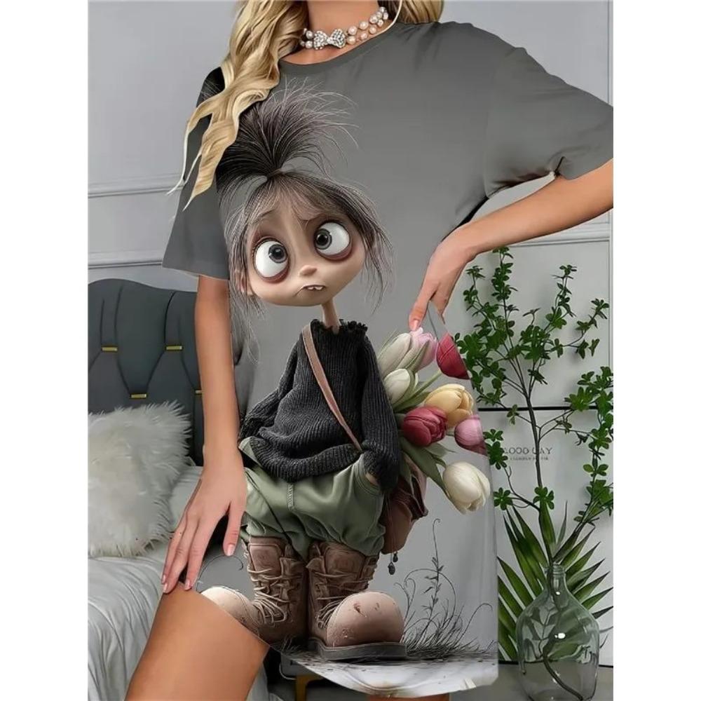 Summer Fashion Comfortable Breathable Round Neck Short Sleeved Dresses Women Cartoon Cute Portrait 3d Print Plus Size Loose Dresses