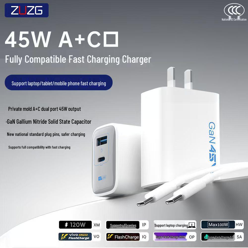 ZUZG 45W GaN Charger for 65W Huawei & Apple, Dual Port PD Fast Charging Adapter.