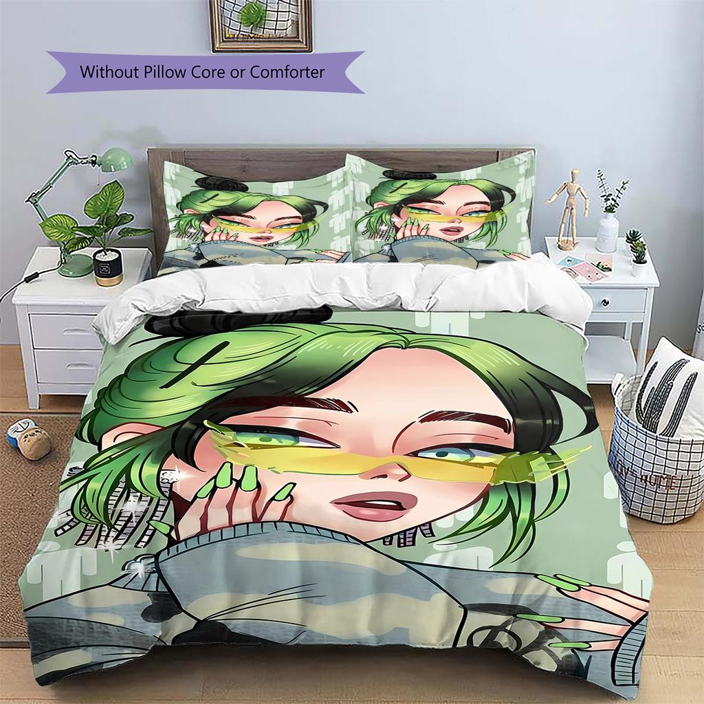 Billie Eilish Pattern Bedding,Quilt Set Quilt Cover Pillowcase Home Birthday Gift (1 * Duvet Cover + 2 * Pillowcase, Without Core)