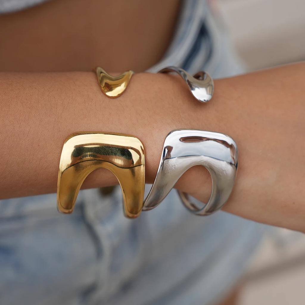 Minimalist 18K Gold Stainless Steel Modern Silver Stainless Steel Simple Double Layer Hollow Cuff Bangle Bracelet for Women
