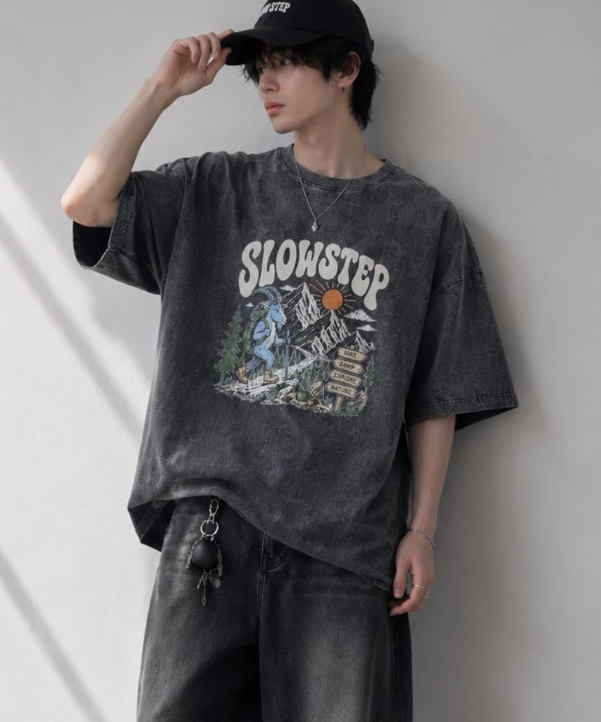 Seullouseuteb Sp2606 Vintage Mountain Goat Graphic Pigment Oversized Short Sleeve Tee Black
