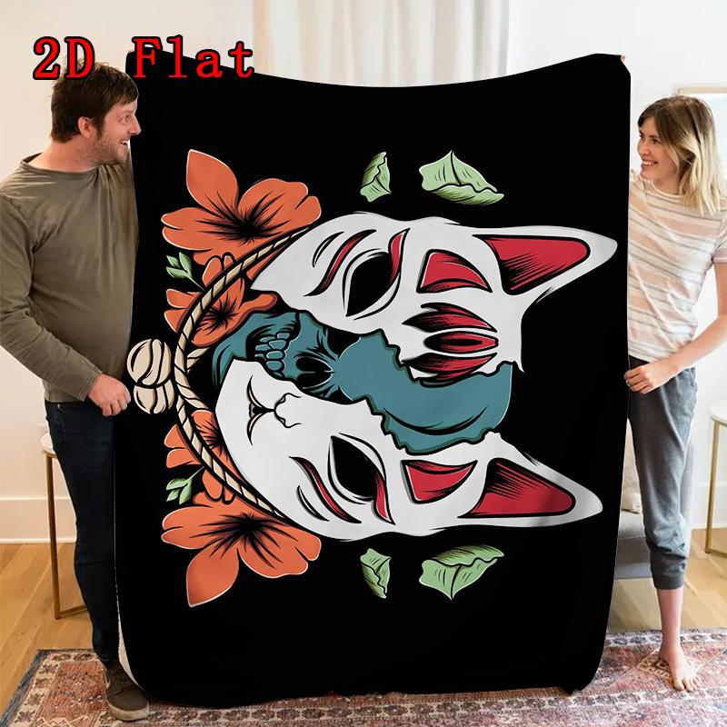 Special Japanese Masks and Flowers 2D Flat Pattern Flannel Blanket High quality All Seasons Warmth and Comfort Perfect for Christmas Gifts.